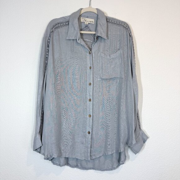Vintage Havana Crochet Detail Tunic Button Up Top Blouse Shirt Blue Boho Medium - Picture 4 of 14